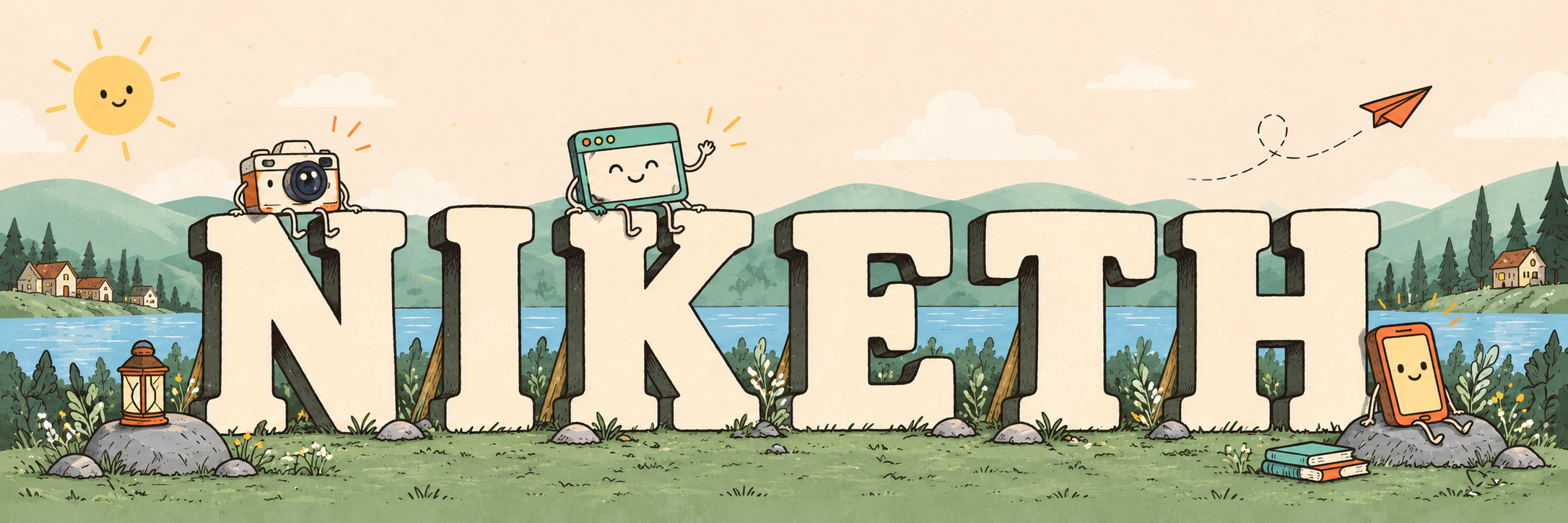 NIKETH in an illustrated daytime scene with camera, browser and phone characters